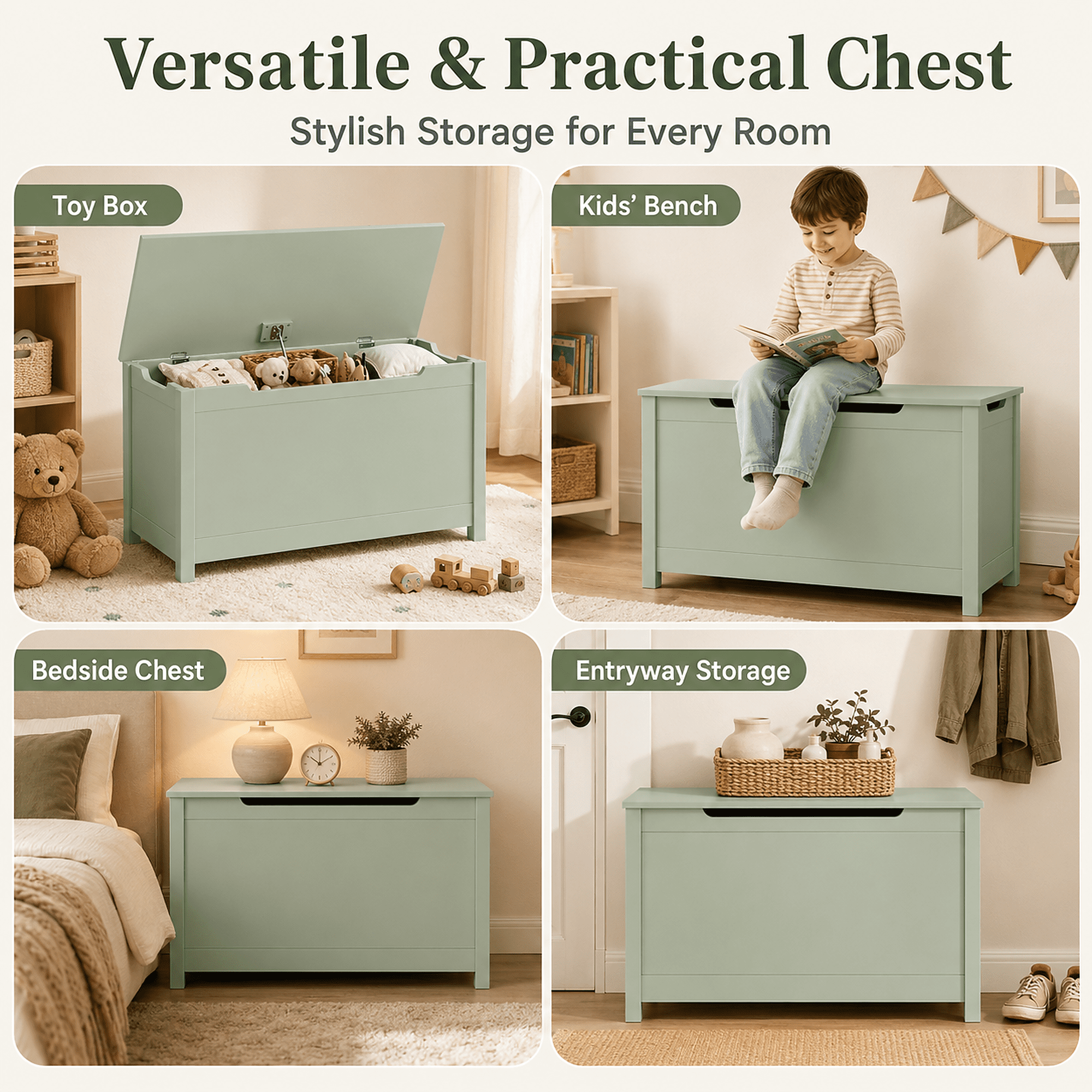 Miniyam Toy Storage Bench with Lid, Kids Toy Box and Storage Chest for Bedroom, Playroom, Nursery, Green