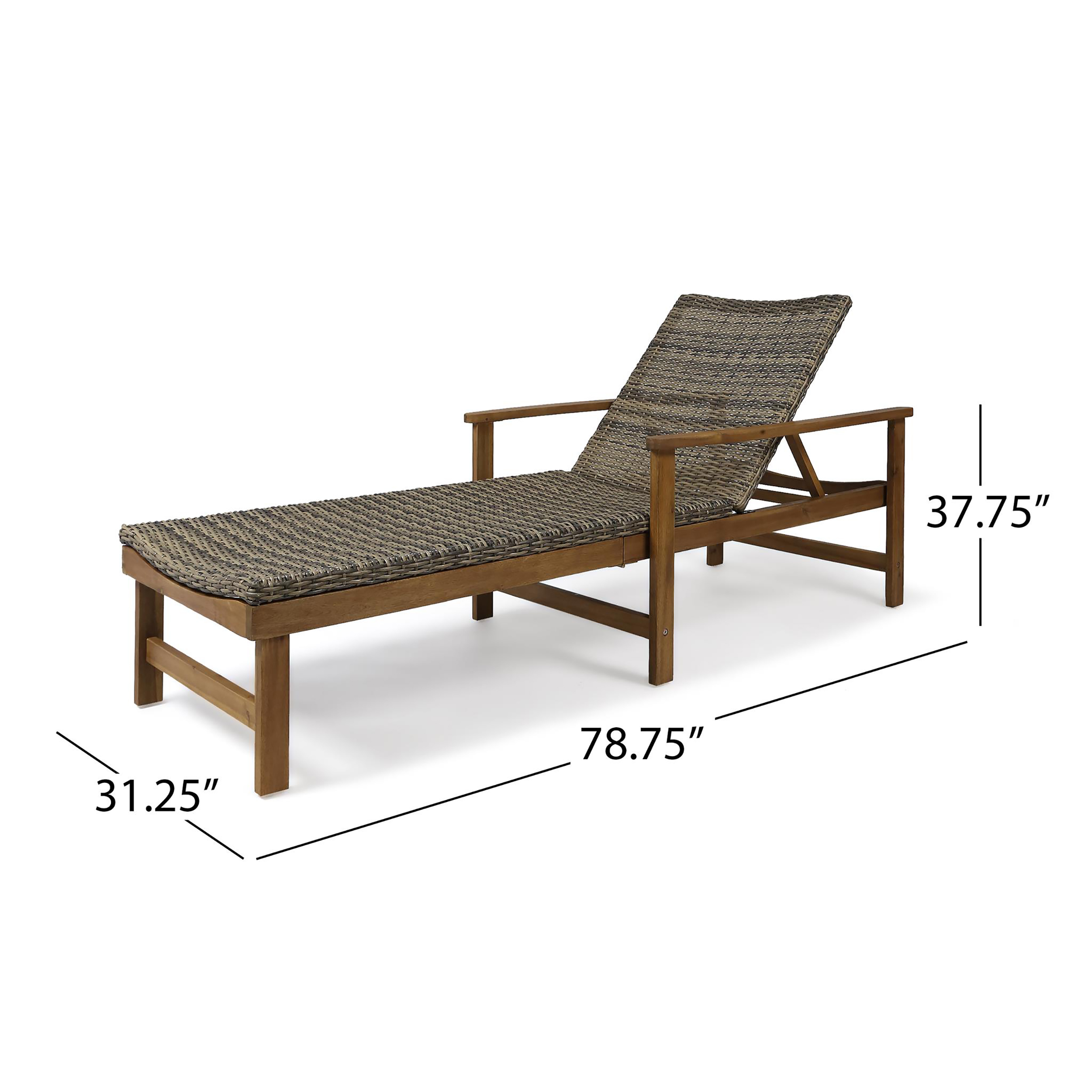 Camdyn Outdoor Rustic Acacia Wood Chaise Lounge with Wicker Seating, Natural and Gray