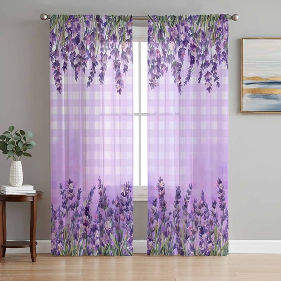 Purple Lavender Sheer Curtains 84 Inch Length 2 Panels Set, Spring Watercolor Wildflowers Plant Plaid Voile Window Treatment Curtains Sheers Drapes for Bedroom/Living Room/Kitchen 52"x84"x2