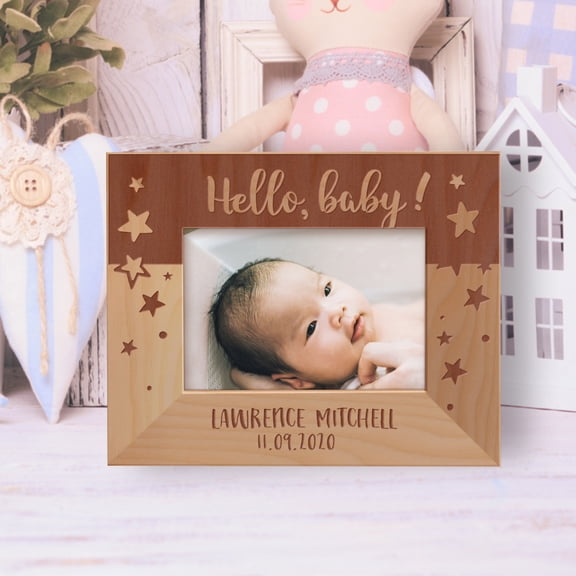 Hello Baby Personalized Wooden Frame-5" x 3 1/2" Brown Horizontal