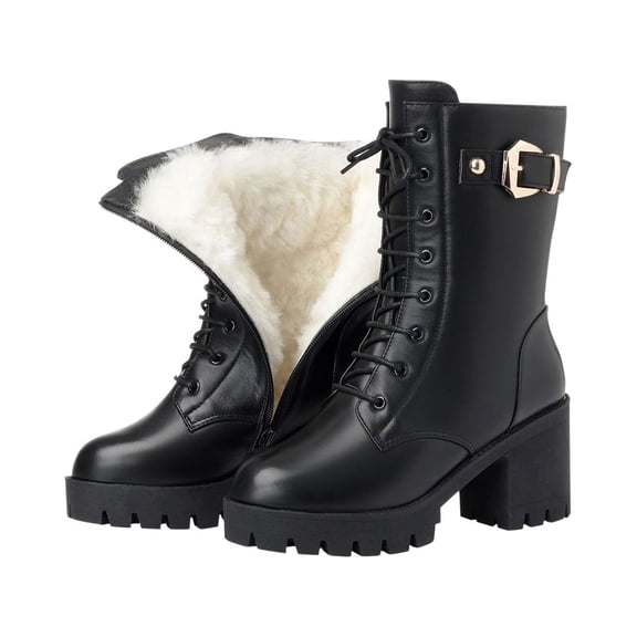 Women's Winter Ankle Boots Fuzzy Fleece Lined Lace Up Buckle Platform Combat Boots Chunky Heel Warm Snow Boots Black 35
