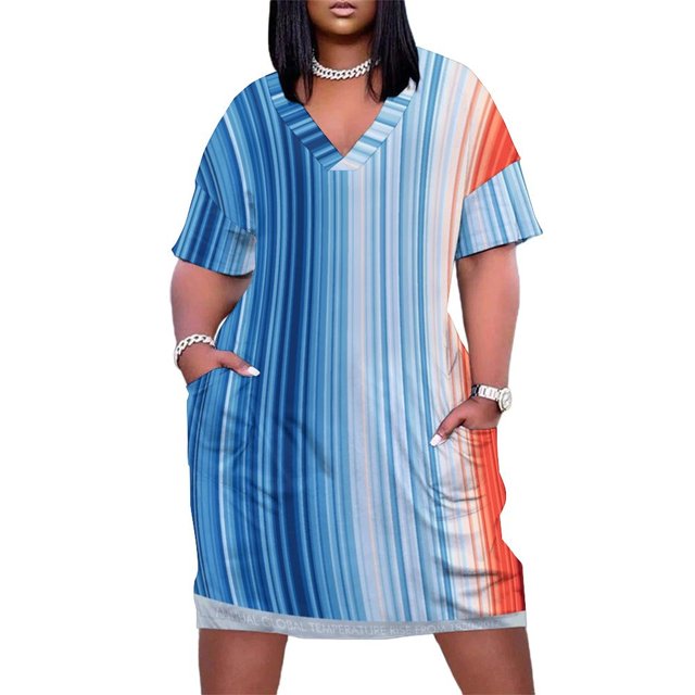 Warming Stripe: Vestido holgado global con bolsillo, vestido de cumpleaños para mujer, ropa estética.
