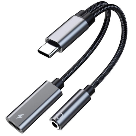 USB c to 3.5mm Headphone and Charger Adapter with 60w Fast Charging, 2-in-1 USB C PD 3.0 Charging Port to Auxiliary Audio Jack and Fast Charging Dongle Cable Cord (2 Ports - Gray)