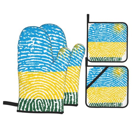 Rwanda Flag Oven Mitts And Pot Holders Sets Baking Sets For Kitchen Bbq Gloves Heat Resistant Cooking Fingerprint Country Pride 4 Pcs
