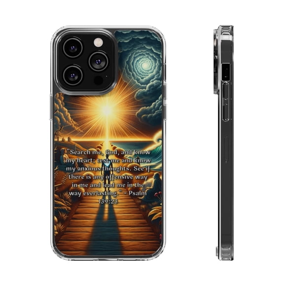DistinctInk Hybrid (Acrylic / TPU) Clear Slim Fit Case for Apple iPhone 12 Pro (6.1" Screen) - "Psalm 139:23 - A Prayer for Self-Reflection and Guidance"