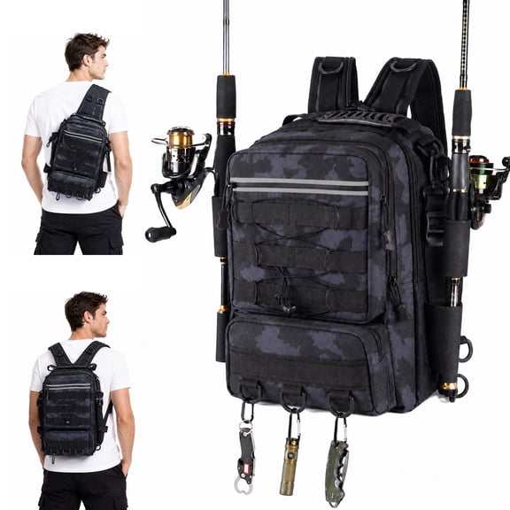 Topsome Fishing Backpack with Rod Holder, Lightweight Fishing Tackle Backpack, Water-Resistant Fishing Gear Storage Sling Bag for Outdoor Fishing, Gifts for Men