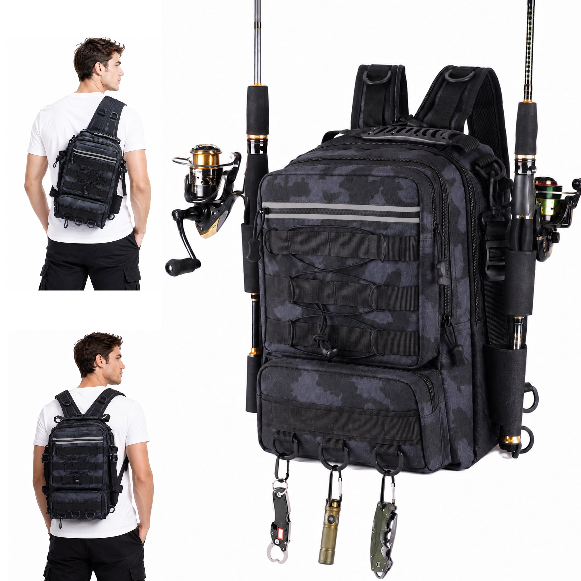 Topsome Fishing Backpack with Rod Holder, Lightweight Fishing Tackle Backpack, Water-Resistant Fishing Gear Storage Sling Bag for Outdoor Fishing, Gifts for Men