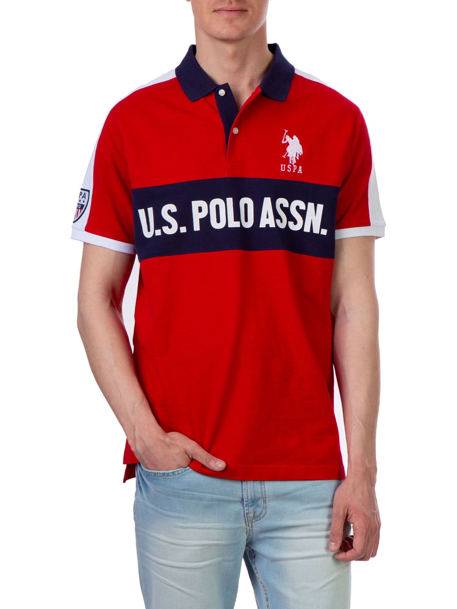 Polo Assn U.S Mens Color Block Stripe Pique Polo Shirt with 3 Patch