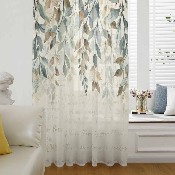 Green Brown Botanical Semi Sheer Curtains Drapes for Living Room,Bedroom,French Doors Window 84 Inches Long,Farmhouse Eucalyptus Leaves Rustic Rod Pocket Chiffon Curtain Drapery Voile Drape Panel