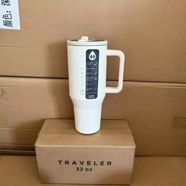 Vaso HydroJug de 32OZ/40OZ, tapa de paja para viajero, taza de coche con aislamiento al vacío de acero inoxidable, viaje térmico helado de doble pared,Cream,40OZ
