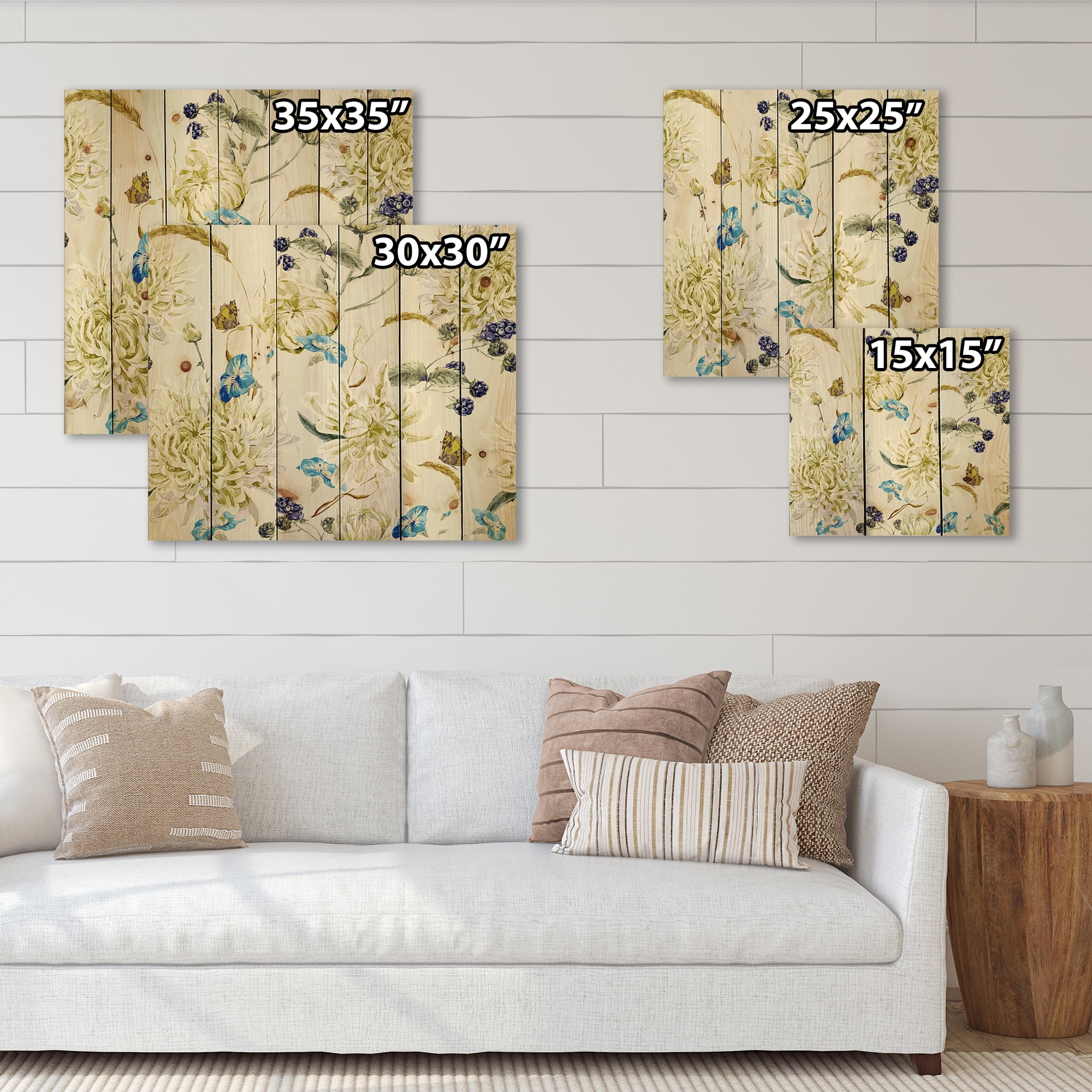 Designart 'Ancient Yellow Chrysanthemus II' Traditional Print on Natural Pine Wood