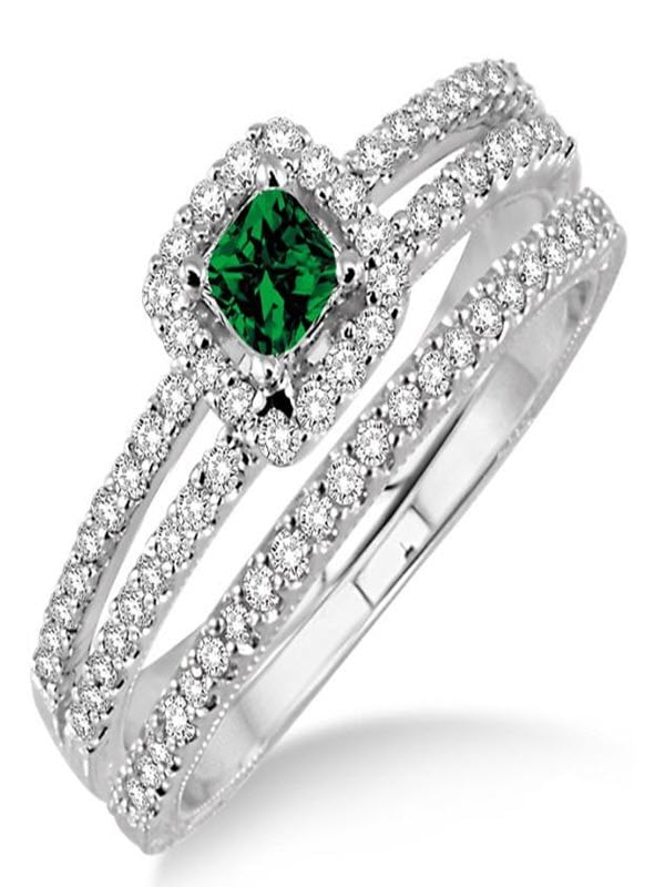 2 Carat Emerald & Diamond Bridal Set two row halo on 10k Yellow Gold ...