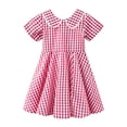 thumbnail image 5 of Girls Short Sleeve Gingham Plaid A-Line Dress Lace Trim Peter Pan Collar Flared Summer Sundress Kids Daily Outdoor Casual Princess Dress(Red,13-15 Years), 5 of 5