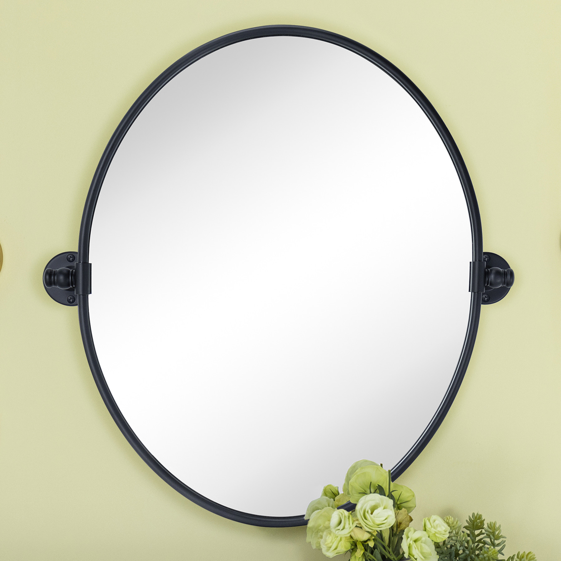 TEHOME Farmhouse Oval Black Metal Pivot Bathroom Vanity Mirror Tilting
