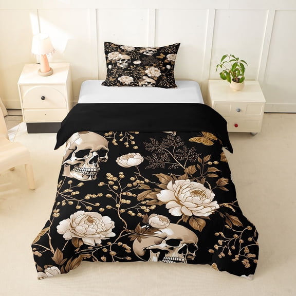 Homewish Gothic Halloween Skull Twin Duvet Cover,Vintage Baroque Floral Twin Bedding,Black Golden,Black Reversible,2-Piece,1 Duvet Cover and 1 Pillowcase