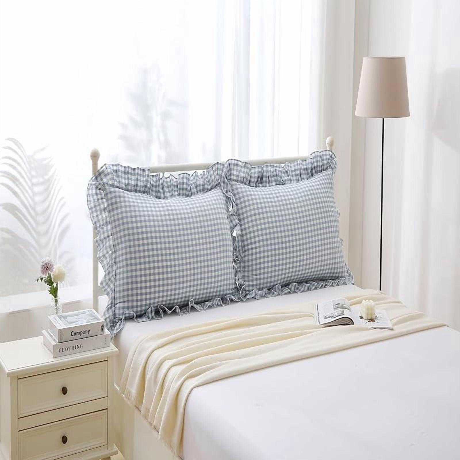 2 Pack Blue White Plaid Euro Pillow Shams with Ruffles Checkered Pillowcases Gingham Pillow Cases Washed Cotton Farmhouse Cottage Pillow Covers for Bed/Sofa(26X26inches,Blue/White Plaid)