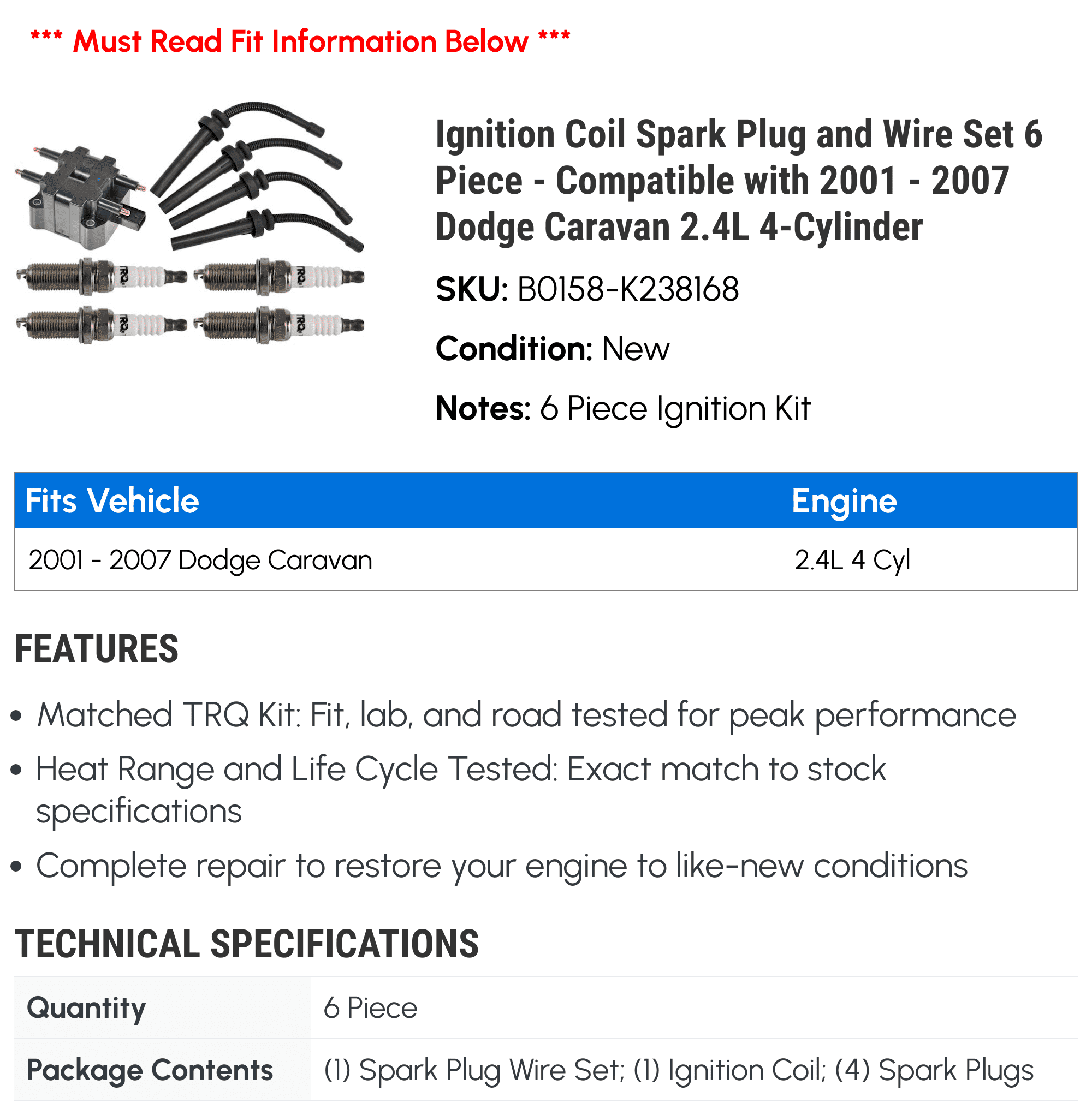 Ignition Coil Spark Plug and Wire Set 6 Piece - Compatible with 2001 - 2007 Dodge Caravan 2.4L 4-Cylinder 2002 2003 2004 2005 2006