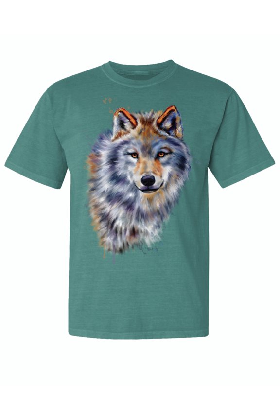 , Wolf Oil Painting, Animal Lover, Garment-Dyed Washed Look Short Sleeve T-Shirt, Emerald, Large