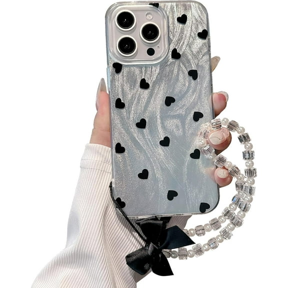 for iPhone 14 Case for Women Girls with Bracelet Chain Cute Love Heart Pattern Ultra Slim with Bumper Protector Soft TPU Anti-Yellow Protective Cover