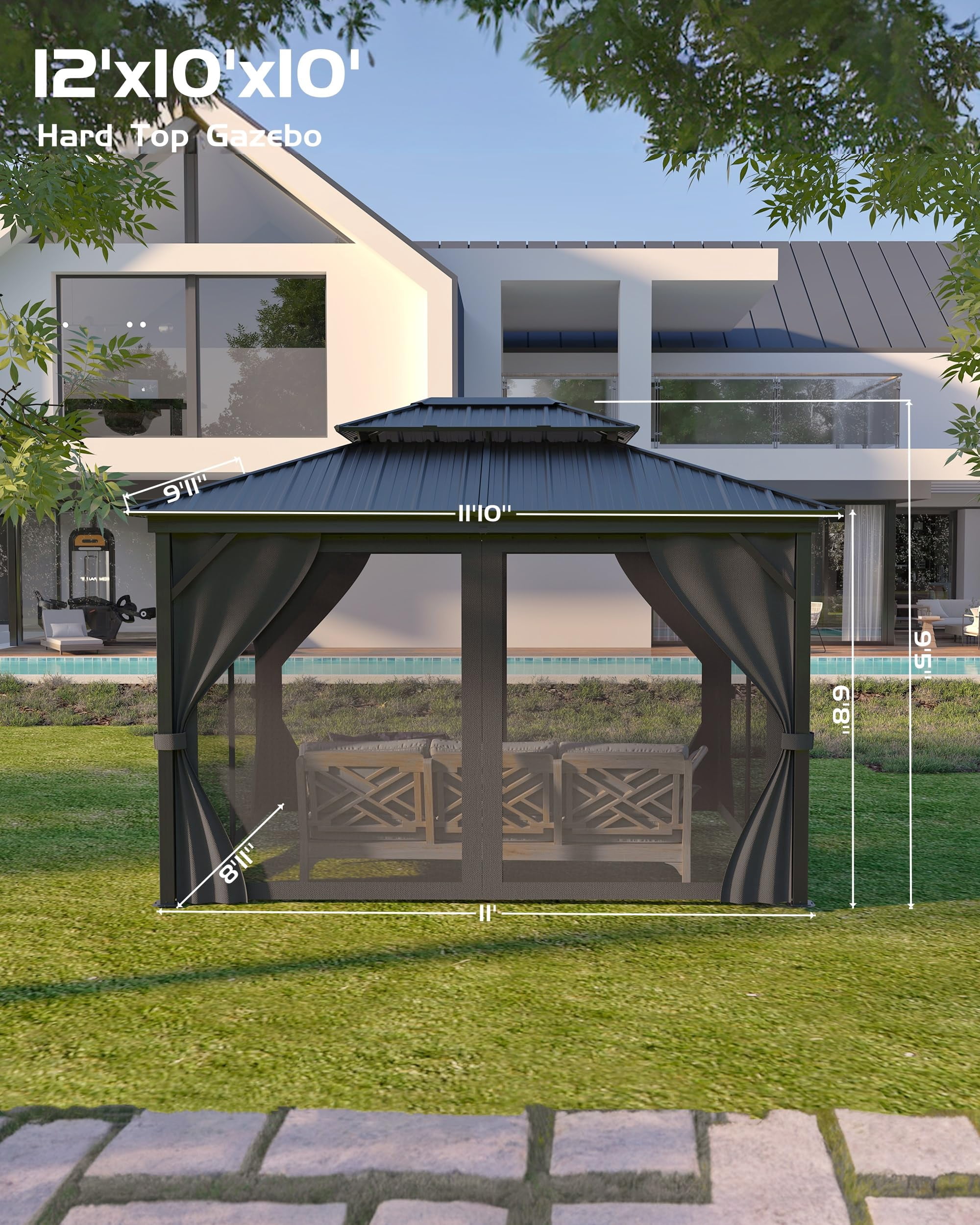 Hardtop Gazebo for Patio and Garden - Double Metal Roof, All-Weather Aluminum Pavilion with Mosquito Netting & Privacy Curtains, Heavy-Duty Outdo – 10x12FT – Black Spray + Gray Cloth Black Mesh