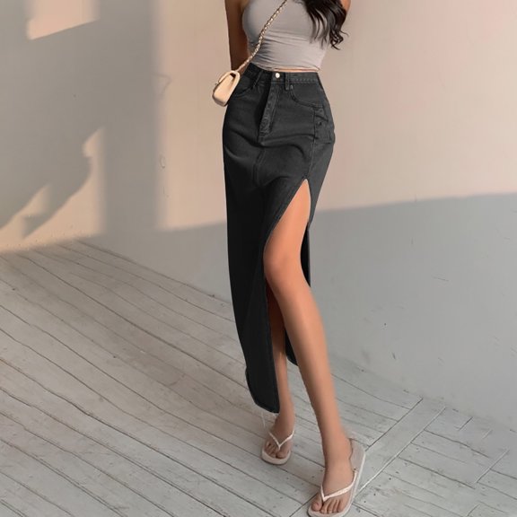 FASHOFT Jean Skirt for Women Solid Denim Midi Skirt Side Slit Design Slim Fit Elegant Casual All Match Daily Street Fashion Wear Denim Skirts Black