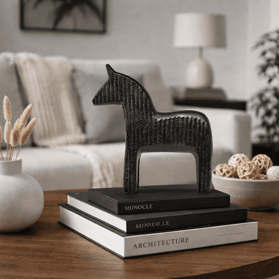 Expobazaar Black Ribbed Horse Sculpture | Contemporary Aluminum Table Décor Animal Figurine | 6.8X2.4X6.8"