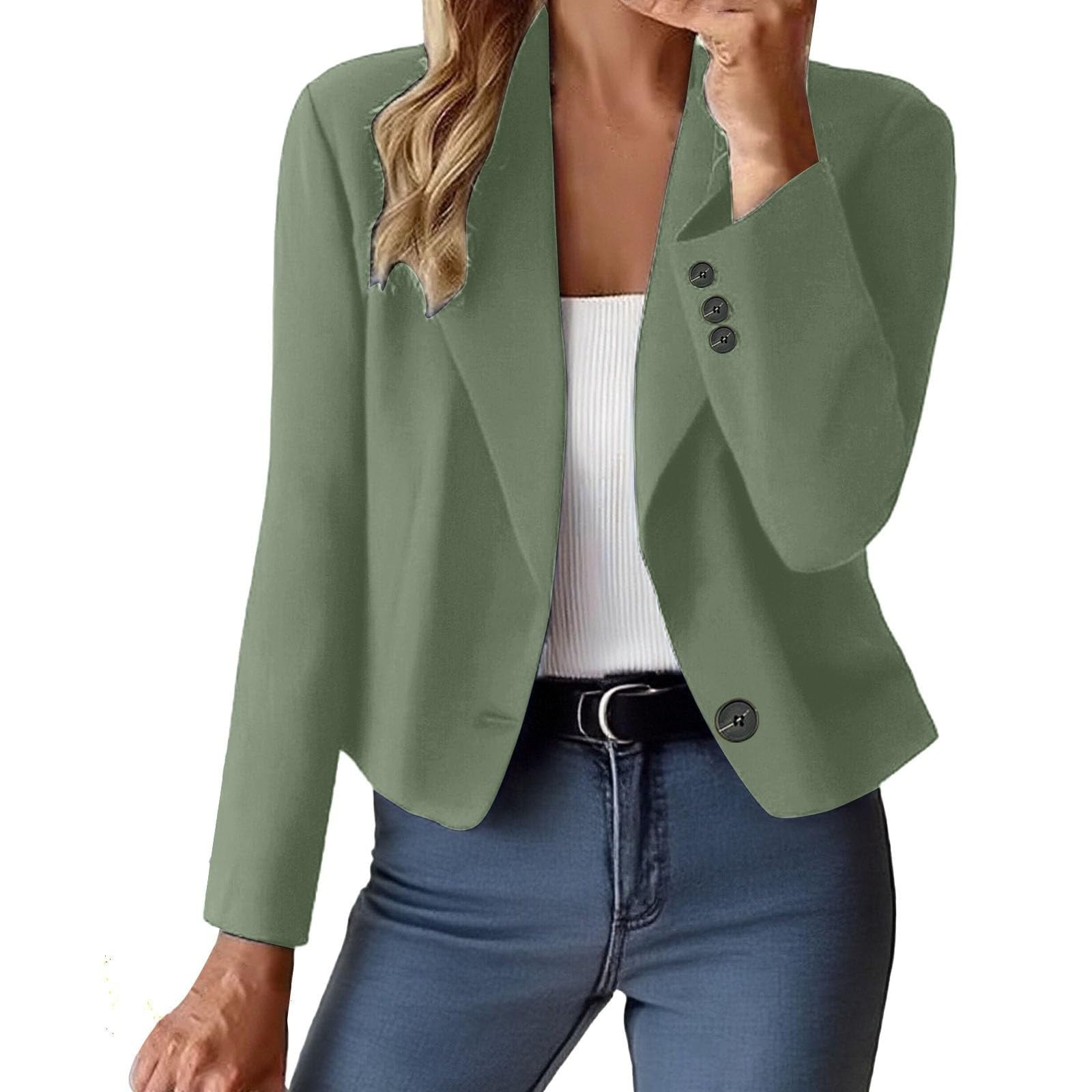 Womens Blazers Dressy Casual Open Front Blazer Fashion Long Sleeve Suit Jacket Lapel Neck Casual Business Cropped Blazer With Buttons For Work Office Daily Wear L Green