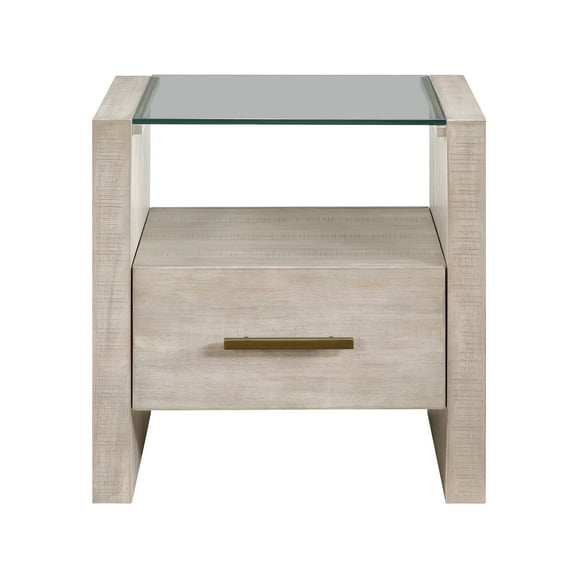 Steve Silver Garland Modern End Table with One Drawer and Glass Top, Washed Parchment