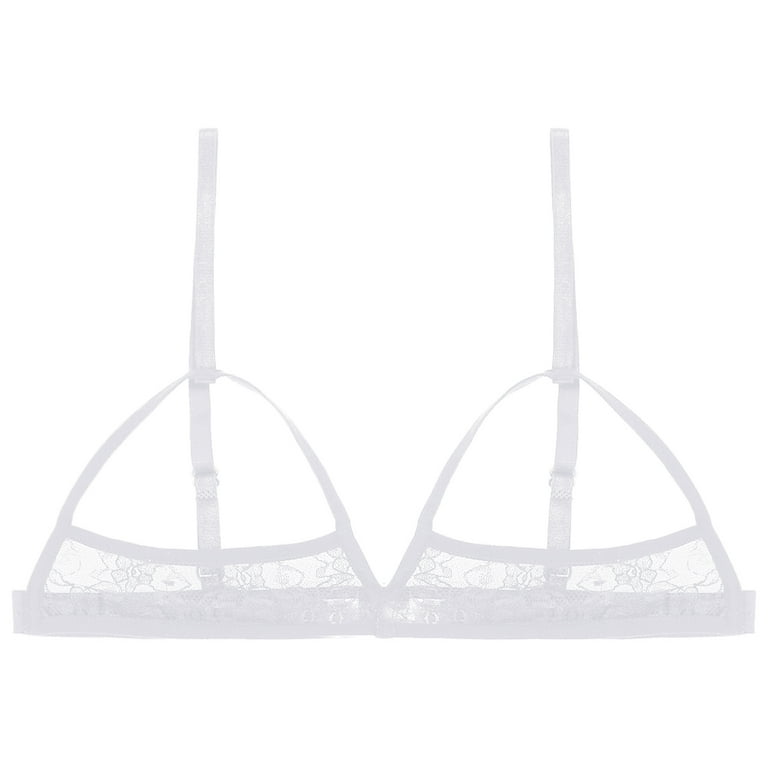 ALVIVI Women's Sheer Mesh Floral Lace Nipple Split Wire-Free Wireless  Bikini Bra Triangle Bralette White M