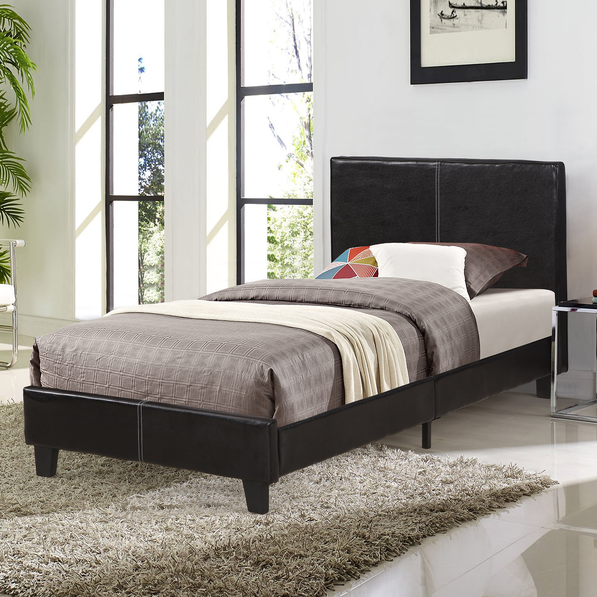Twin Platform Bed Frame with Headboard, Heavy Duty Faux Leather 