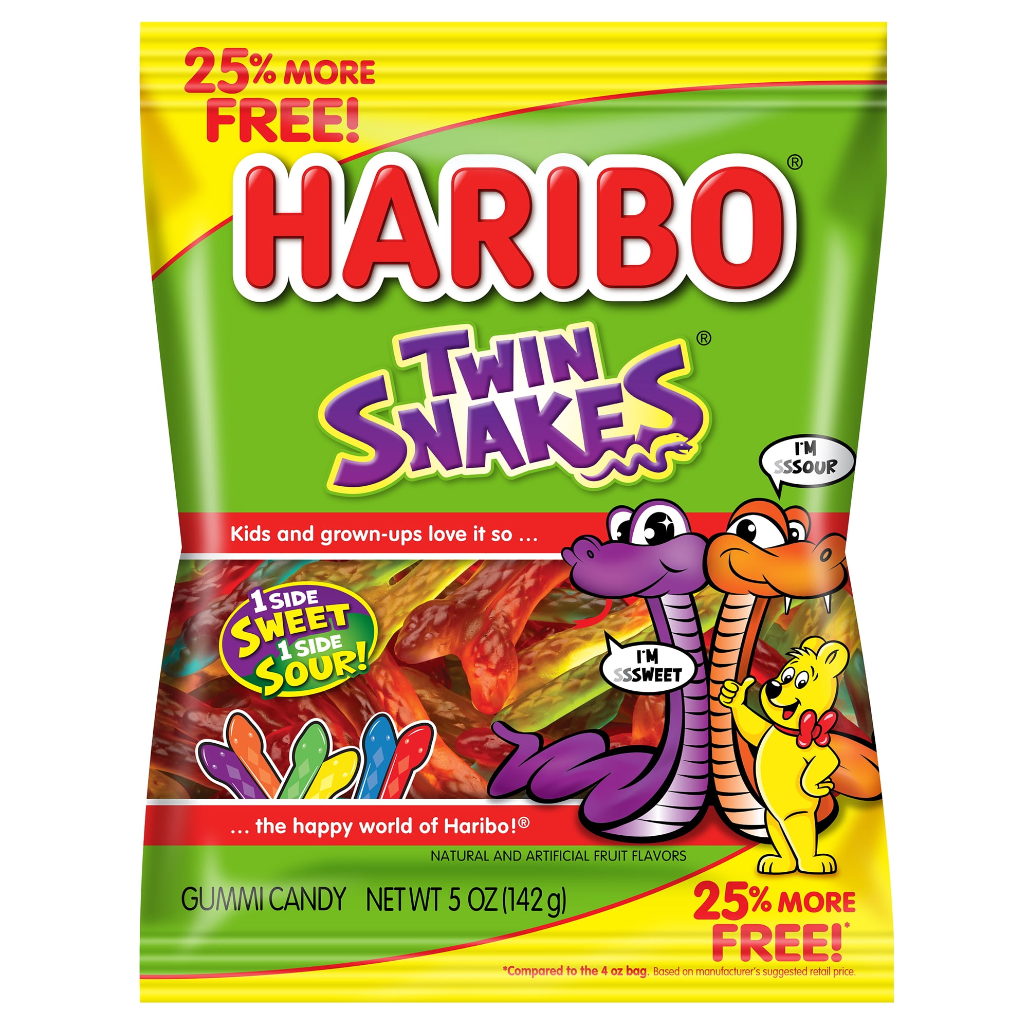 (5 pack) HARIBO Twin Snakes Gummies Original Assorted Fruit Flavor Gummy Candy +25% Bonus, 5oz, Share Size Peg Bag