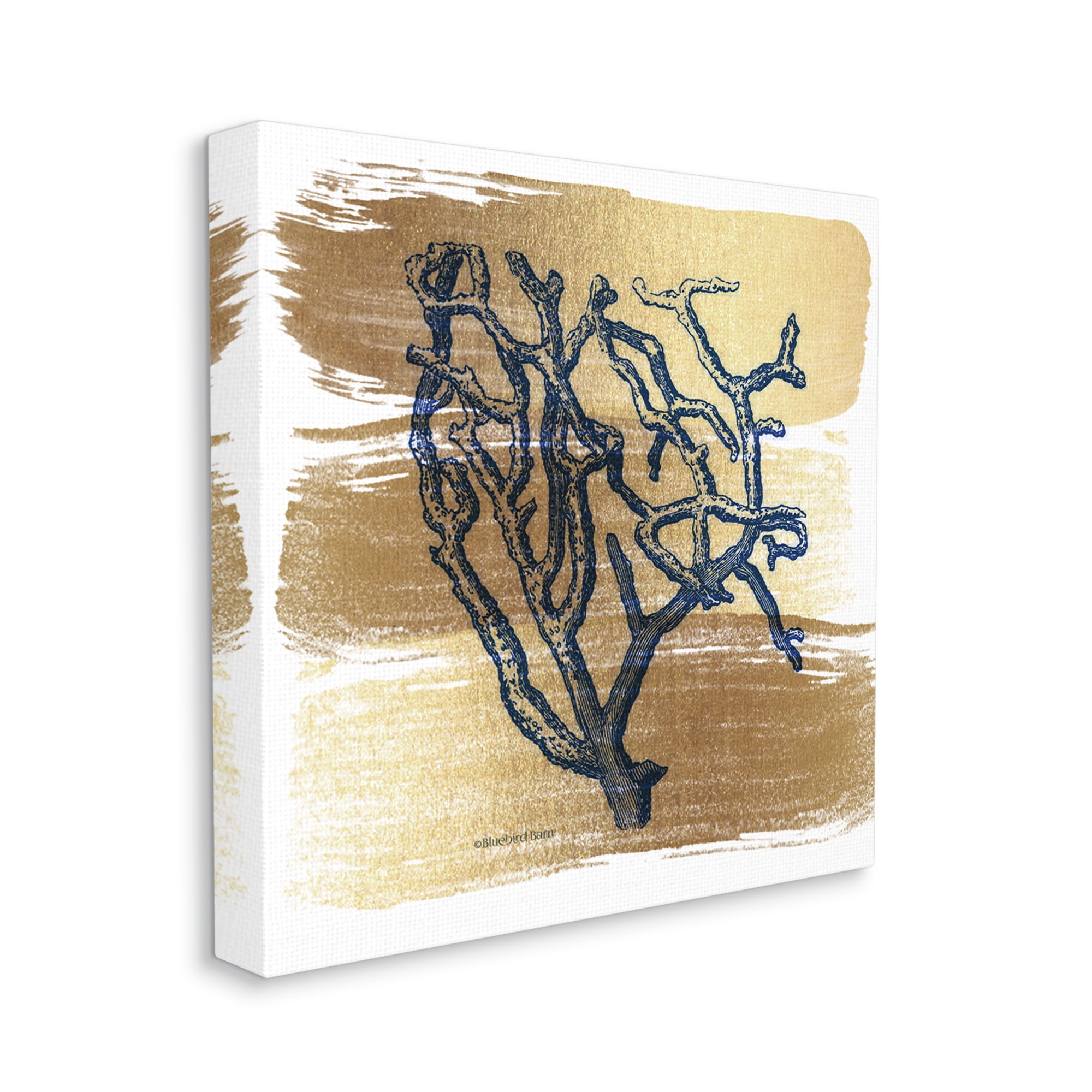 Stupell Industries Azure Blue Coral Golden Patterned Background Sea Plant,36 x 36, Design by Bluebird Barn