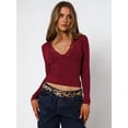 thumbnail image 4 of Women'S Long Sleeve Tops Going Out V Neck Crop Lace Mesh Slim Fitted Shirts Wine Red XL, 4 of 9