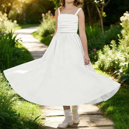 Spazoro Girls Midi Camisole Dresses Solid A-Line Sleeveless Square Neck Casual Summer Dresses for Girls White Size 14-15