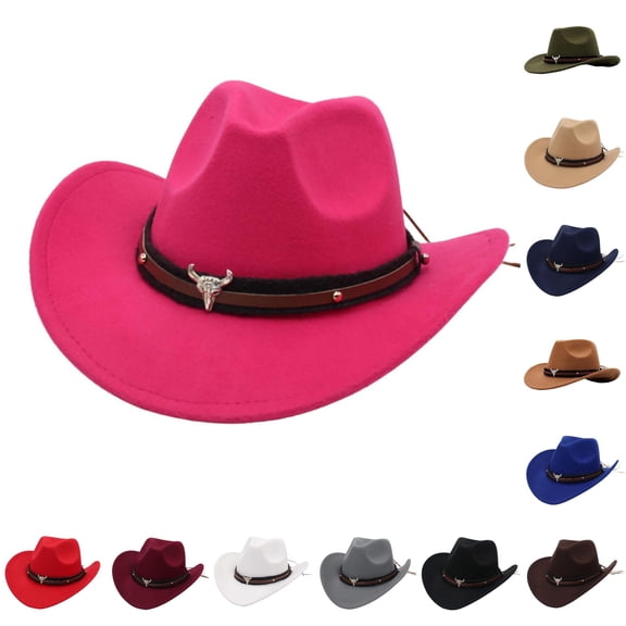 QTSHPN Western Cowboy Hat for Women Jazz Bowler Hat Cow Head Decoration Ethnic Style Wide Brim Caps for Women RD3 S
