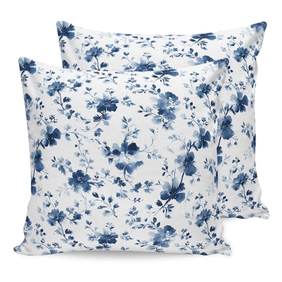 Pillow Covers 16x16 Set of 2, Indigo Blue Wildflower Throw Pillow Covers Decorative Couch Cushion Cover, Classic Florals Farmhouse Botanical Microfiber Soft Pillowcases for Bedroom Living Room Sofa