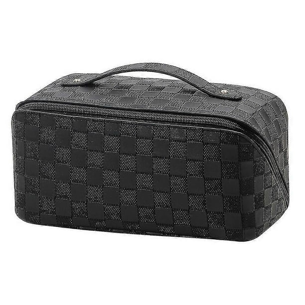 Large Capacity Travel Cosmetic Bag, Portable Pu Leather Waterproof Makeup Bag With Handle And Divider Flat Lay Makeup Organizer Bags