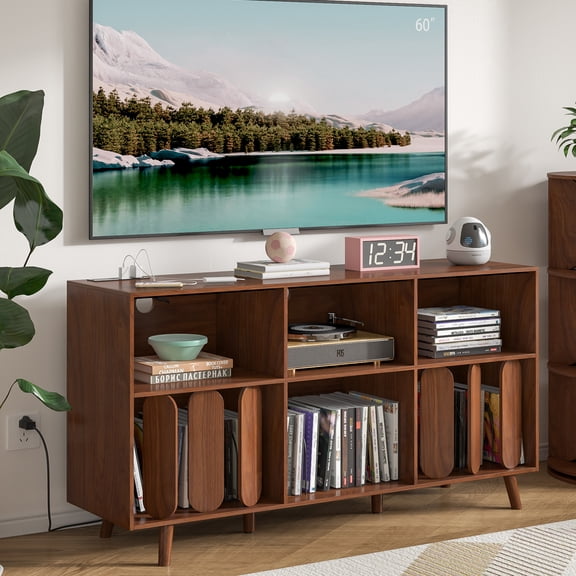 Large Record Player Stand, Vinyl Record Storage Cabinet with Power Outlet, Turntable Stand for Living Room, Walnut