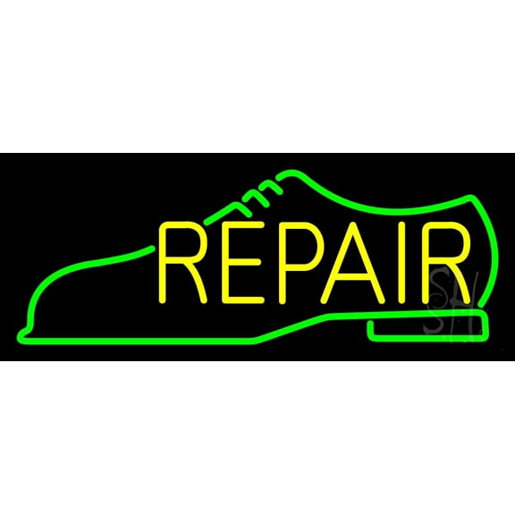 Green Shoe Yellow Repair LED Neon Sign 13 x 32 - inches, Black Square Cut Acrylic Backing, with Dimmer - Bright and Premium built indoor LED Neon Sign for store interior Décor, Storefront.