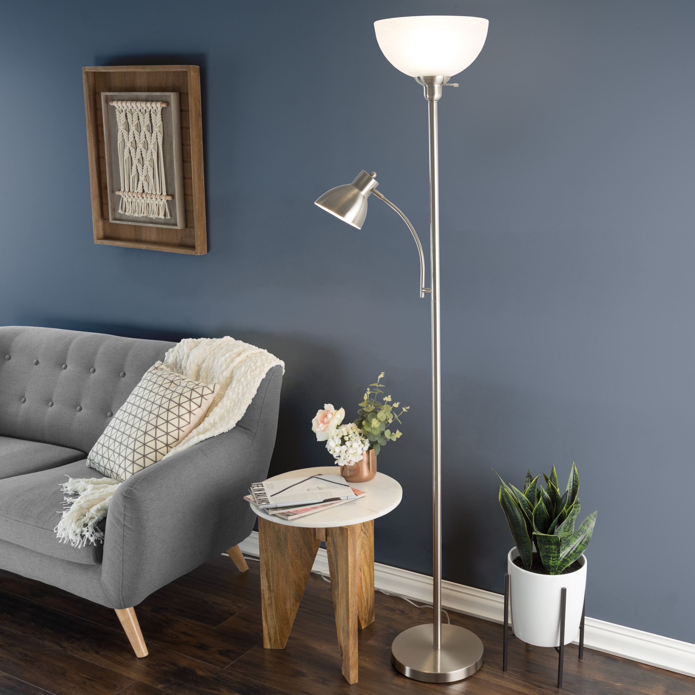 Torchiere Floor Lamp with Reading Light-Sturdy Metal Base, Marbleized White Glass Shade-Energy Saving LED Bulbs Included-by Lavish Home (Satin Nickel)