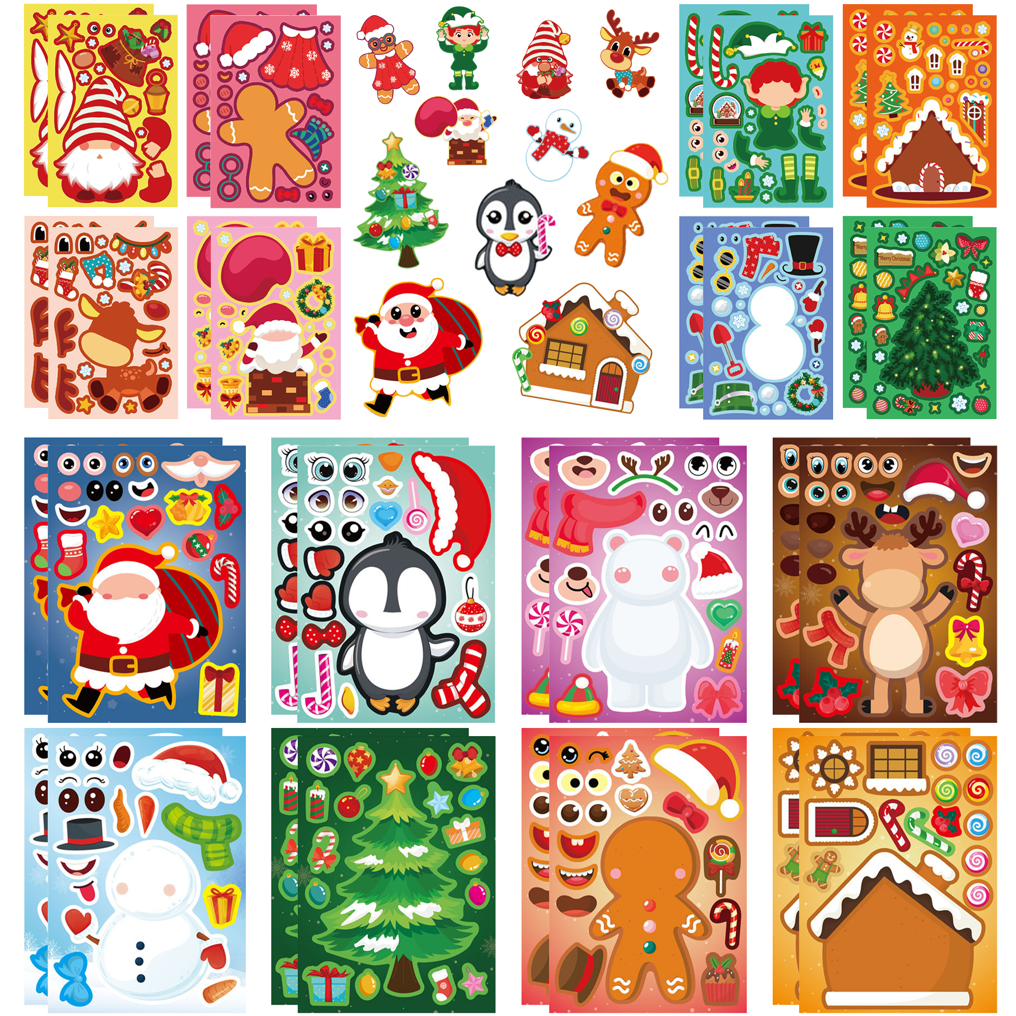 32 Pcs Tropical Christmas "Make A Face" Sticker Sheets - DIY Santa Snowman Stickers, Mele Kalikimaka Crafts
