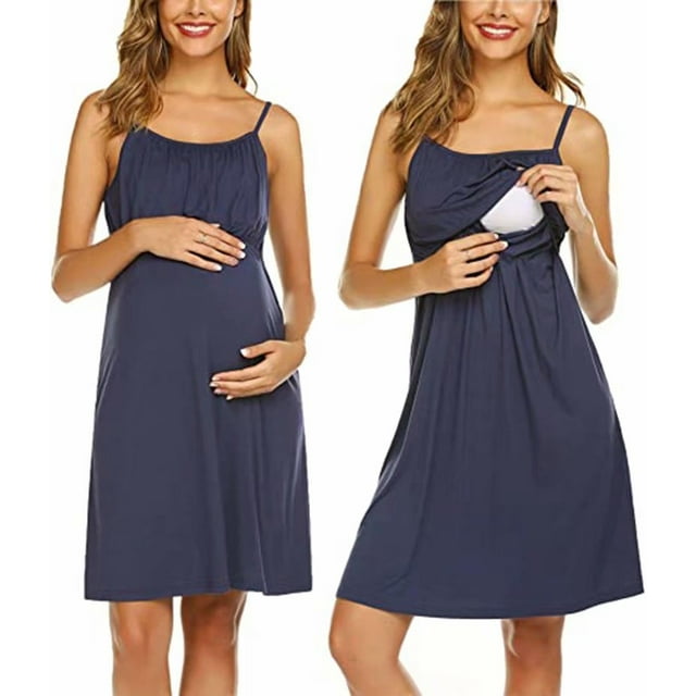 Chemise de Nuit d'Allaitement pour Femmes Robe de Maternité Robe d'Allaitement Combinaison Pyjama Bleu Marine 2TG