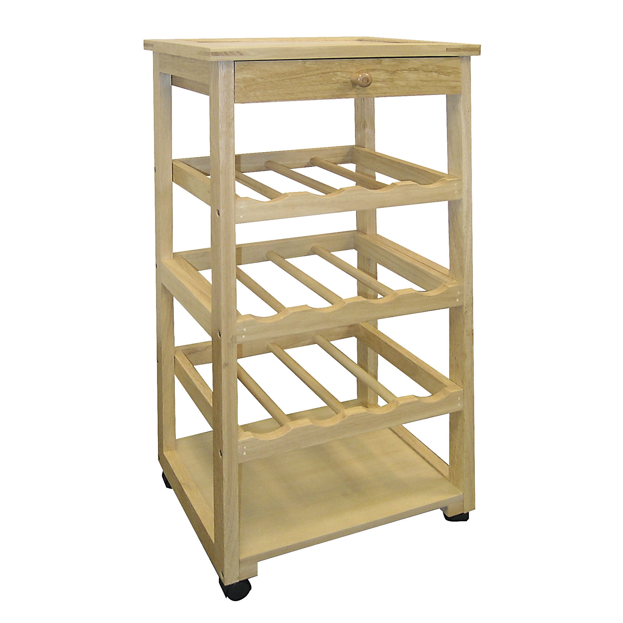 Portable Wine Rack with Drawer and Wheels, Oak Woo
