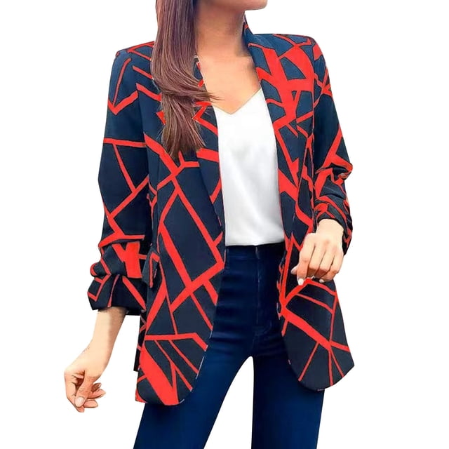 Gibobby Blazer de mujer elegante Chaquetas casuales de manga larga con solapa y botones delanteros abiertos para mujer(Rojo,CH)