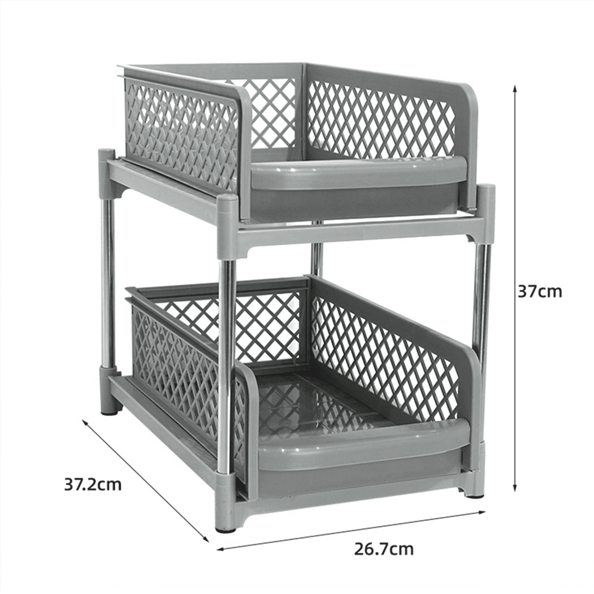 Space-Saving Design 2-Layer Organizer with Pull-Out Drawers, Sliding Bathroom and Kitchen Cabinet Storage Gray