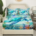 thumbnail image 4 of Coastal Bed Sheets Set Queen,Summer Sea Turtle Jellyfish Sheet Set ,Tropical Starfish Coral Sheets,Farmhouse Wooden Barn Flat Fitted Sheet with 2 Pillowcases Wrinkle Free, 4 of 5
