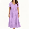 thumbnail image 2 of Miluxas Women's Summer Plaid Maxi Dress V Neck Short Sleeve Tiered Ruffle Dress Casual Loose Flowy A Line Long Dress Beach Vacation Outfits Purple, 2 of 6