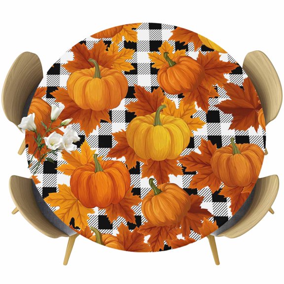 Orange Fall Round Tablecloth, Fitted Table Cover with Elastic for 36"-44" Round Tables, Pumpkins Thanksgiving Maple Leaf Plaid Table Cloth Outdoor Indoor Dinning Party Waterproof Tablecloths