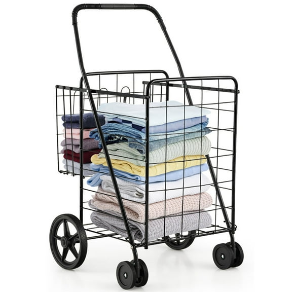 Kadyn Shopping Carts,Shopping Trolley, Grocery Utility Cart,Folding Shopping Cart for Laundry with Swiveling Wheels and Dual Storage Baskets-Black