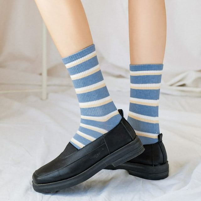 Chaussettes Bleues pour Femmes Automne et Hiver Rayées à Carreaux Bleus